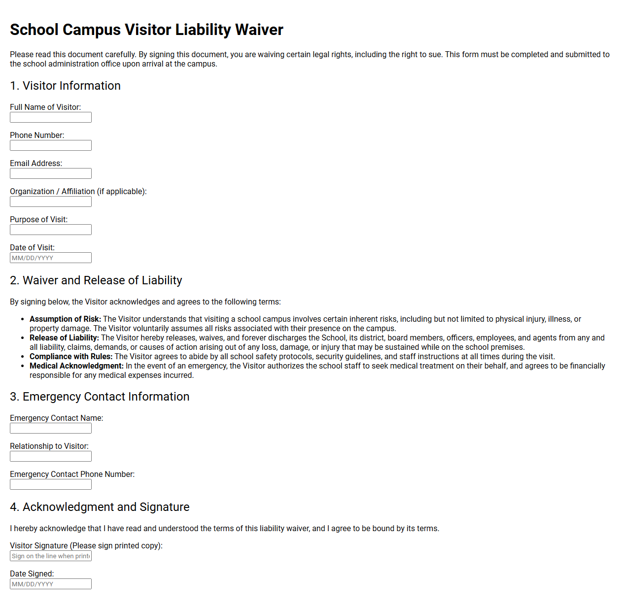 School Campus Visitor Liability Waiver
