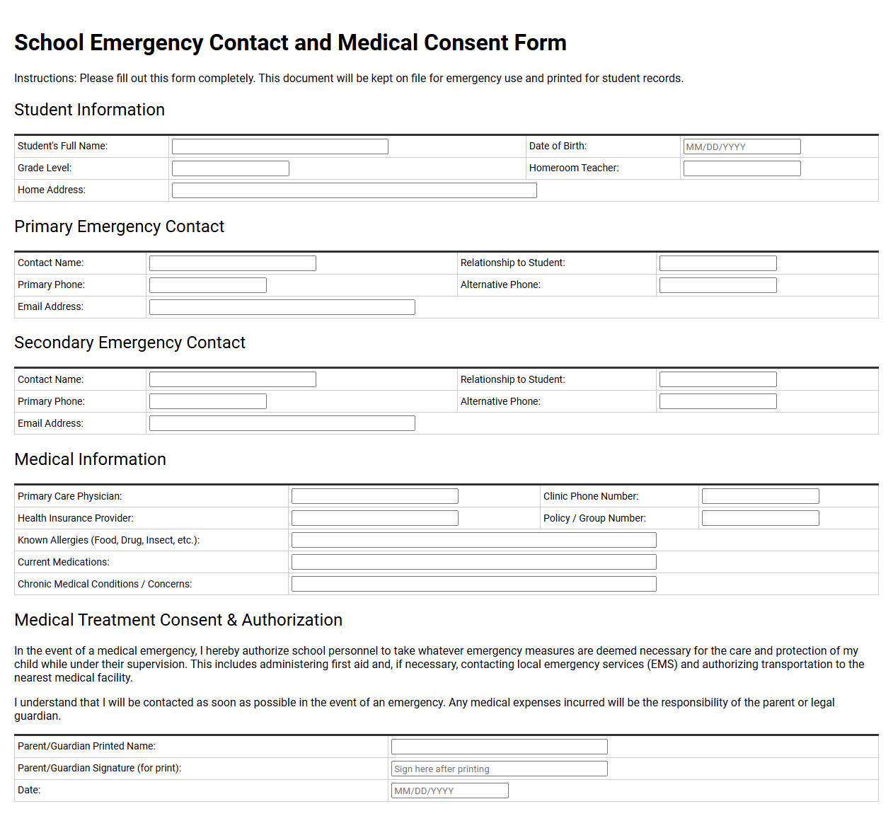 School Emergency Contact and Medical Consent Form