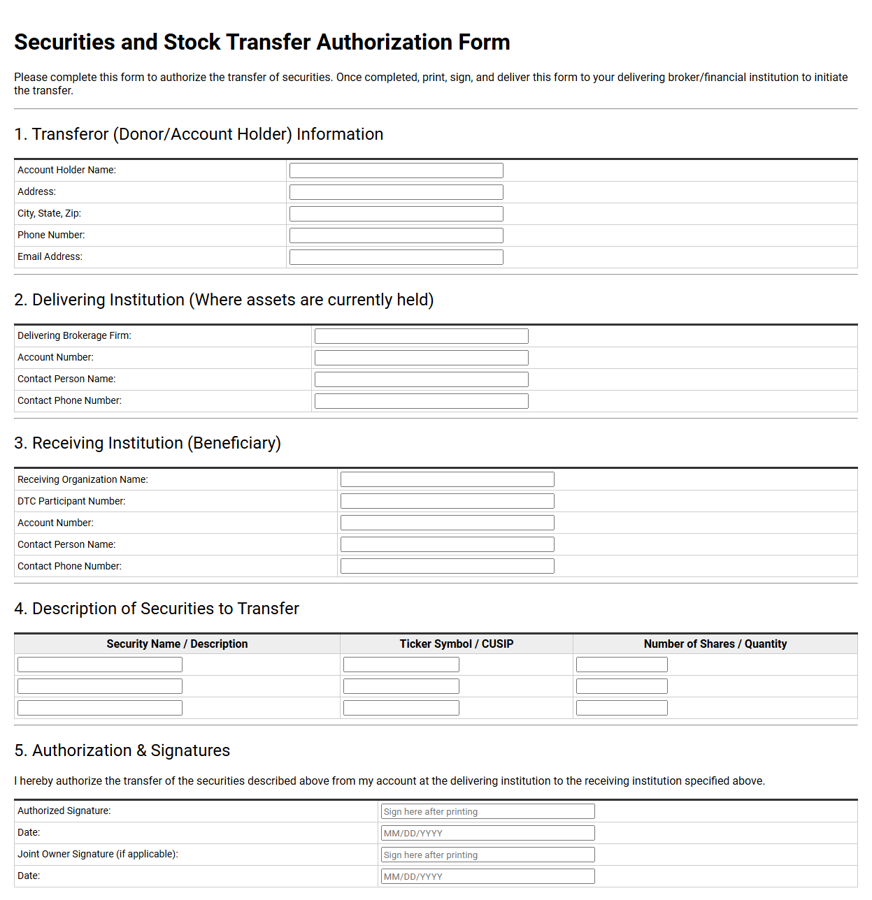 Securities and Stock Transfer Authorization Form