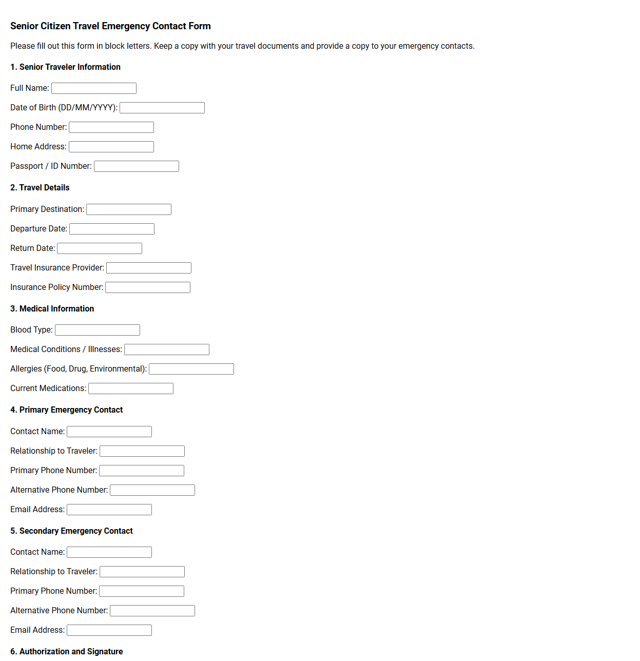 Senior Citizen Travel Emergency Contact Form