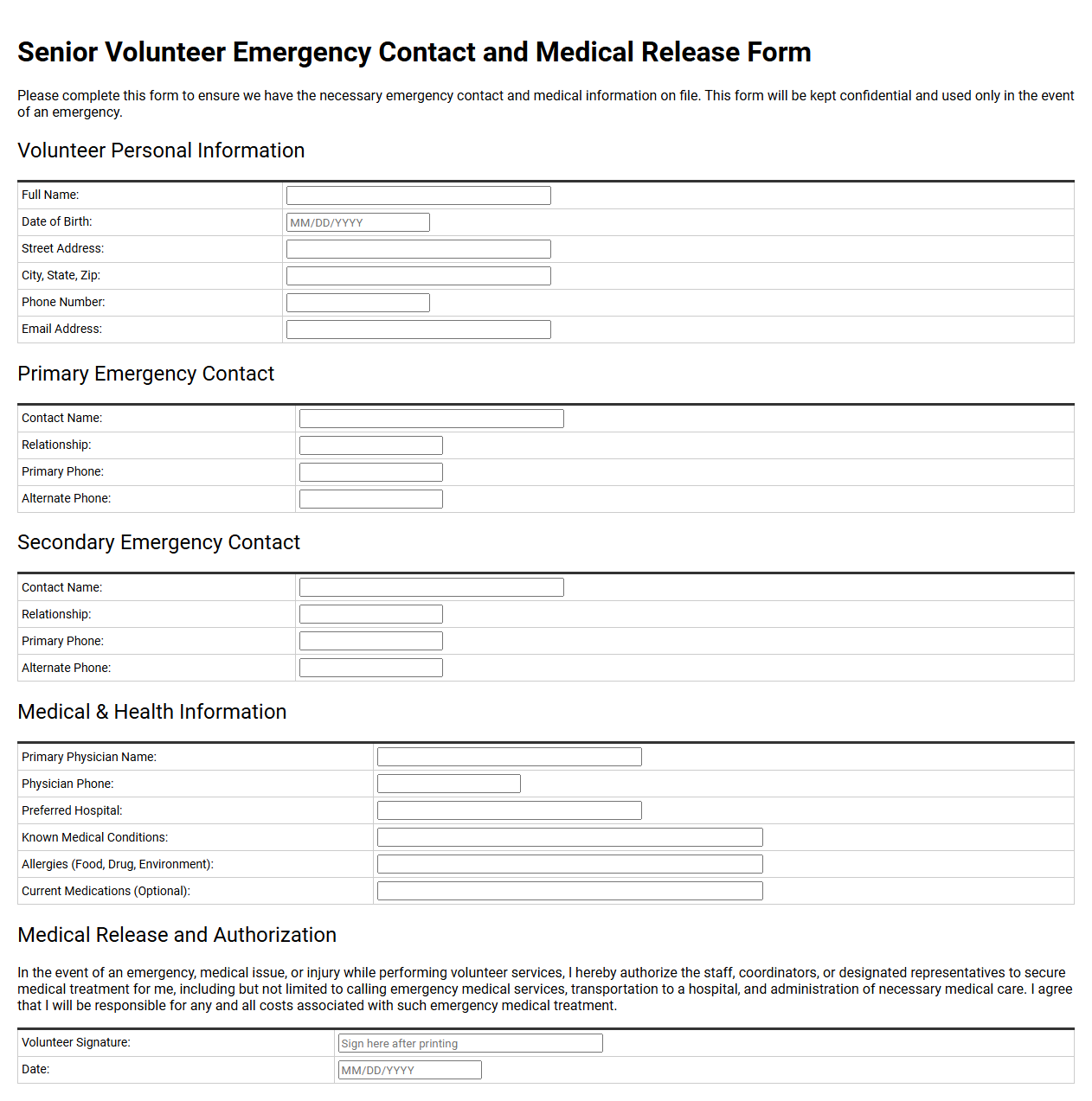Senior Volunteer Emergency Contact and Medical Release