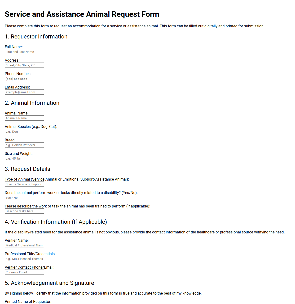 Service and Assistance Animal Request Form