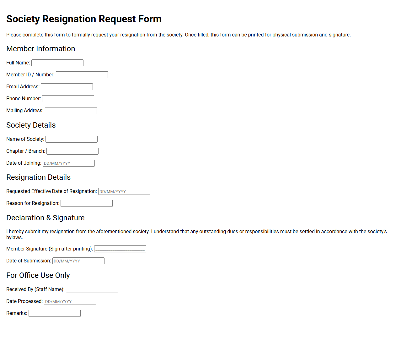 Society Resignation Request Form Template