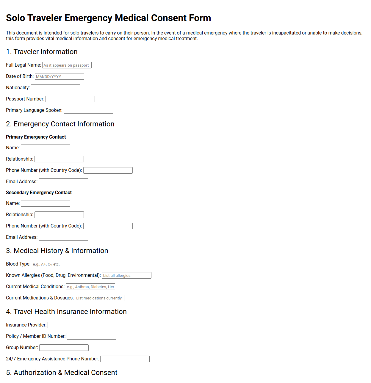 Solo Traveler Emergency Medical Consent Form