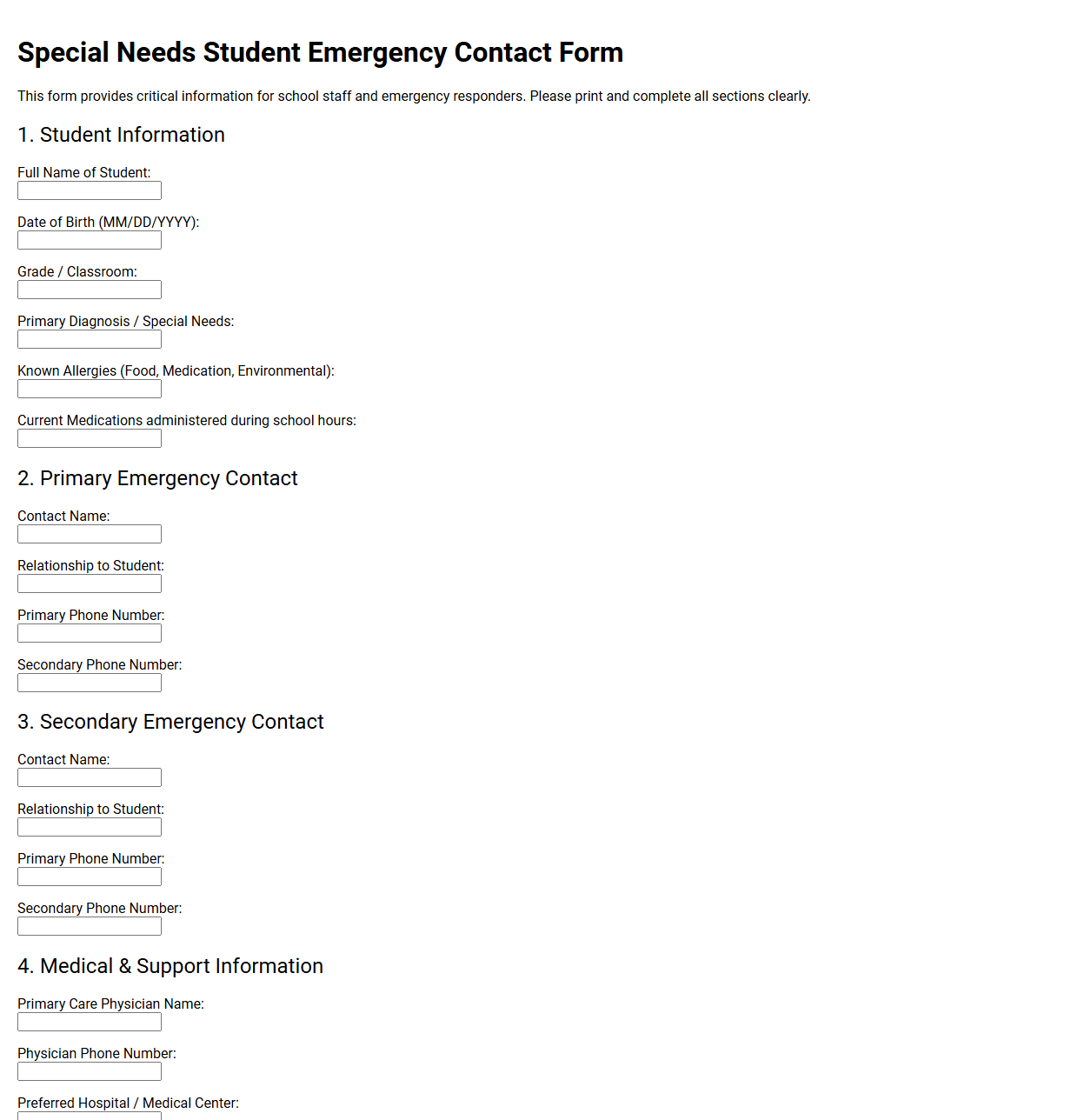 Special Needs Student Emergency Contact Form