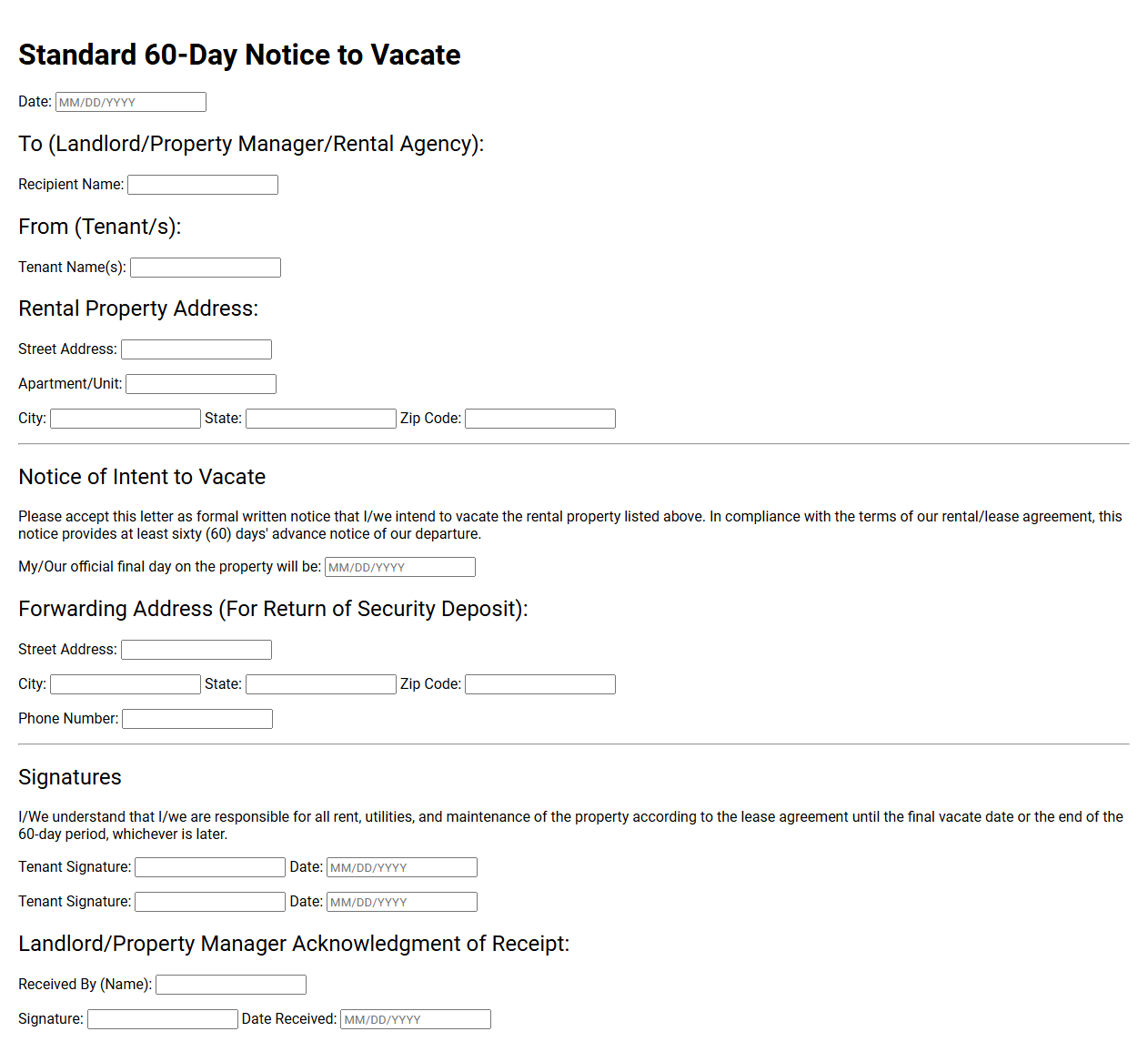 Standard 60 Day Notice to Vacate Form