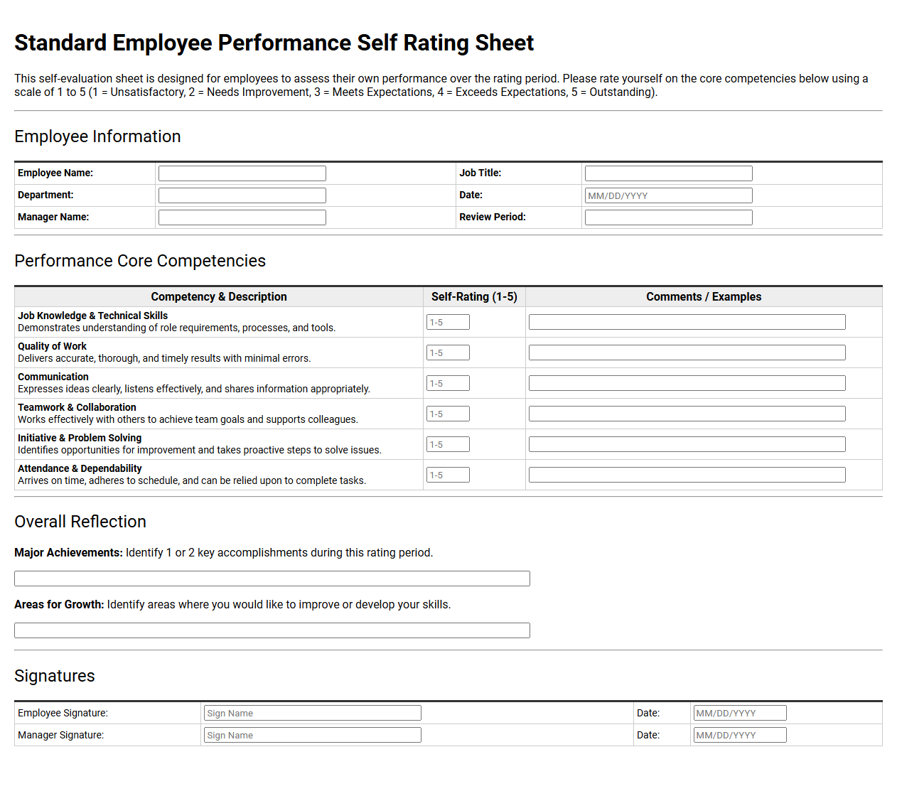 Standard Employee Performance Self Rating Sheet