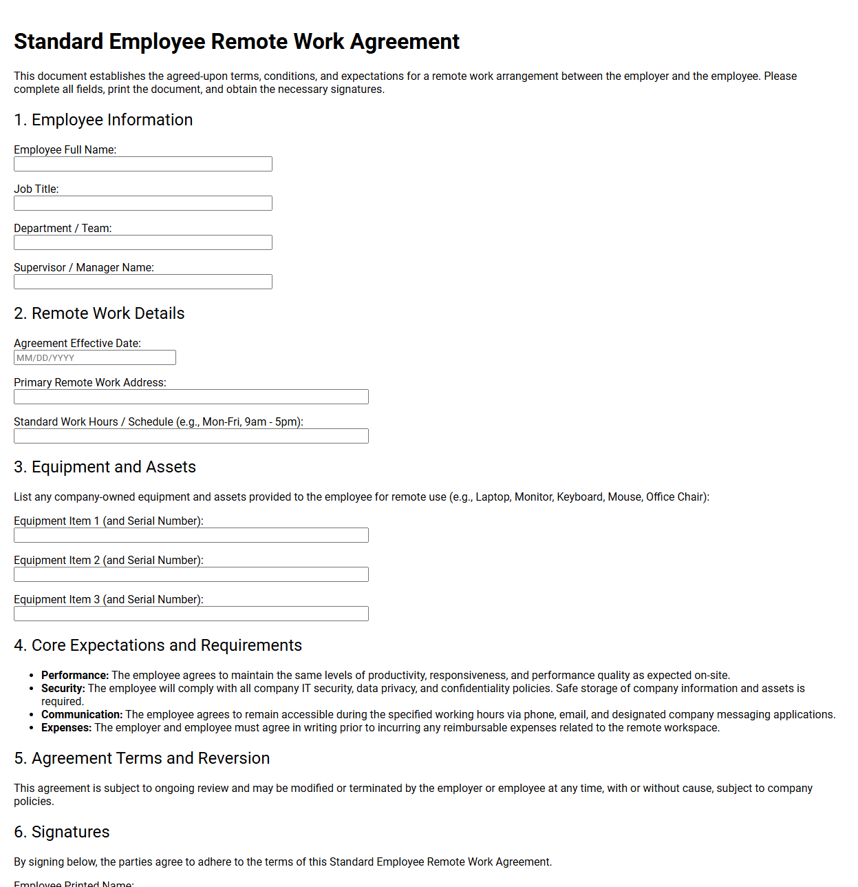 Standard Employee Remote Work Agreement Form