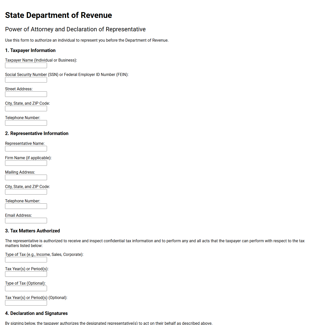 State Department of Revenue Power of Attorney Form