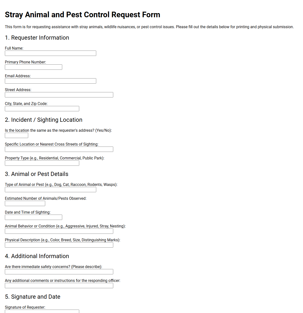 Stray Animal and Pest Control Request Form