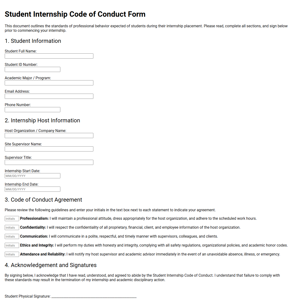 Student Internship Code of Conduct Form