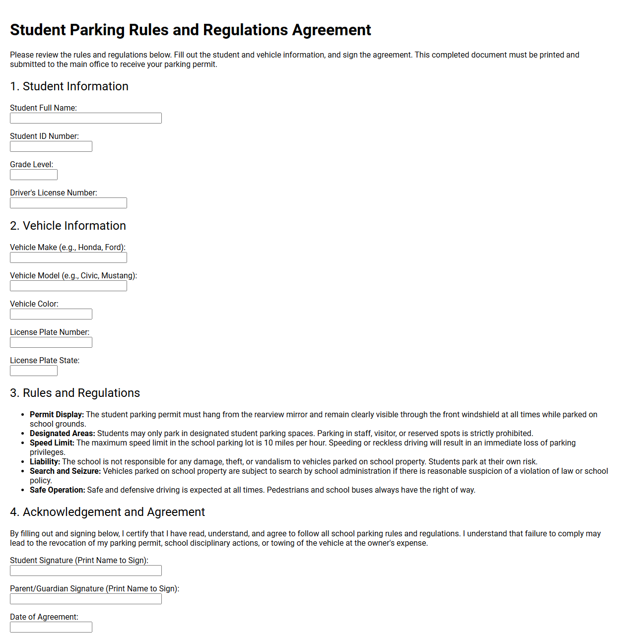 Student Parking Rules and Regulations Agreement