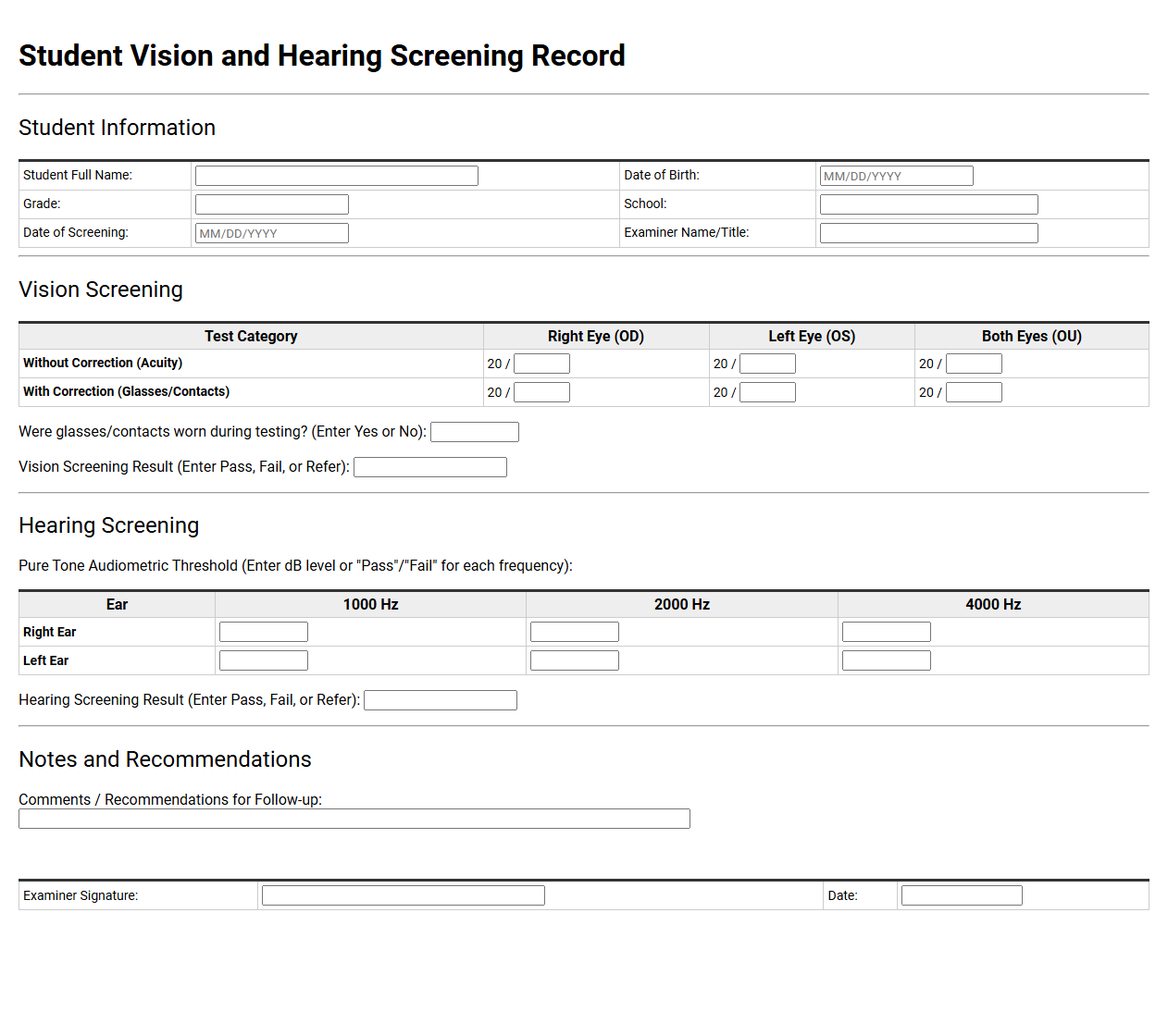 Student Vision and Hearing Screening Record