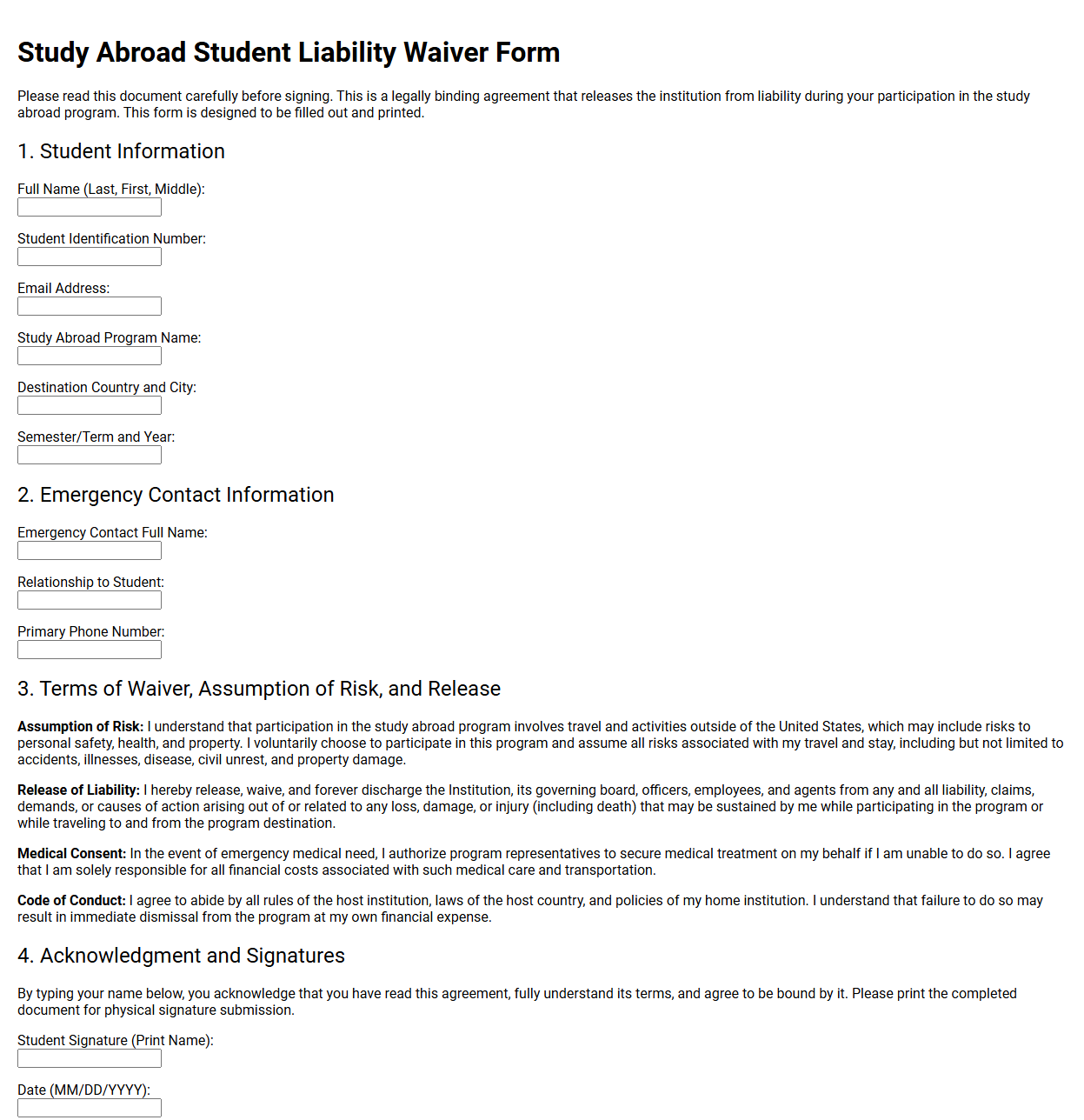 Study Abroad Student Liability Waiver Form