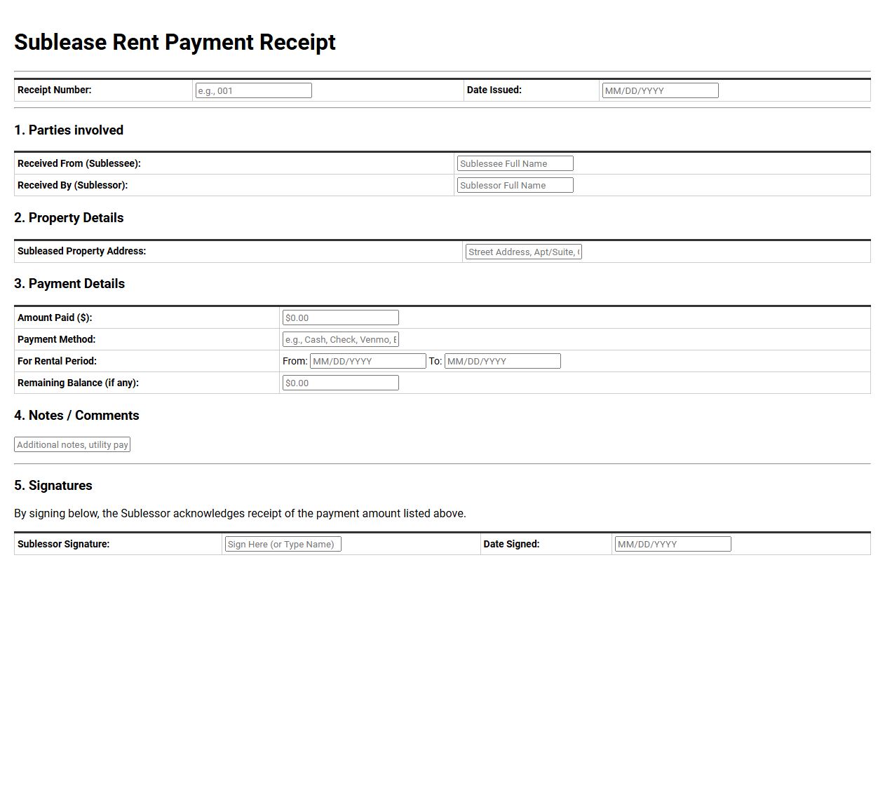 Sublease Rent Payment Receipt Template