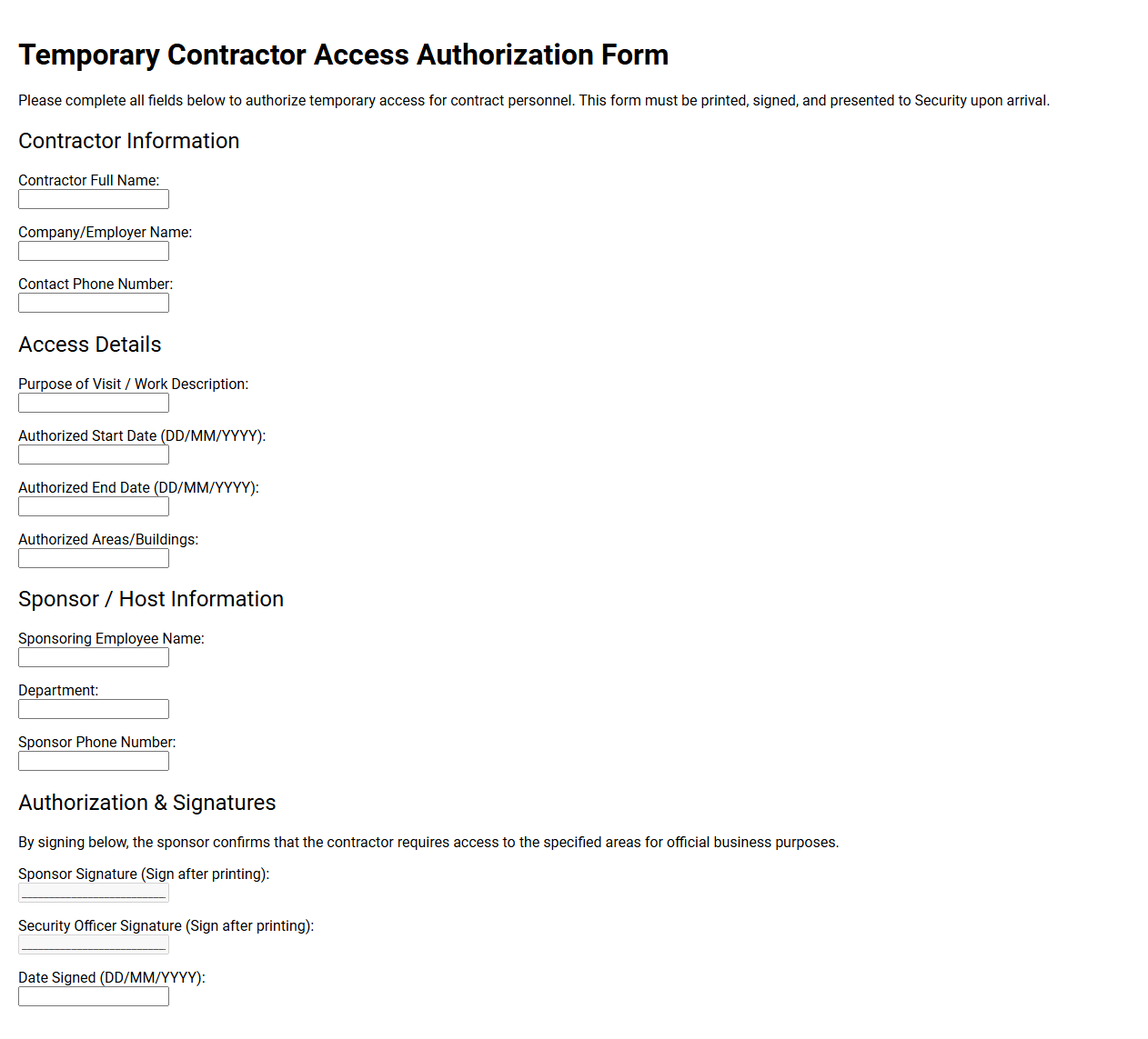 Temporary Contractor Access Authorization Form