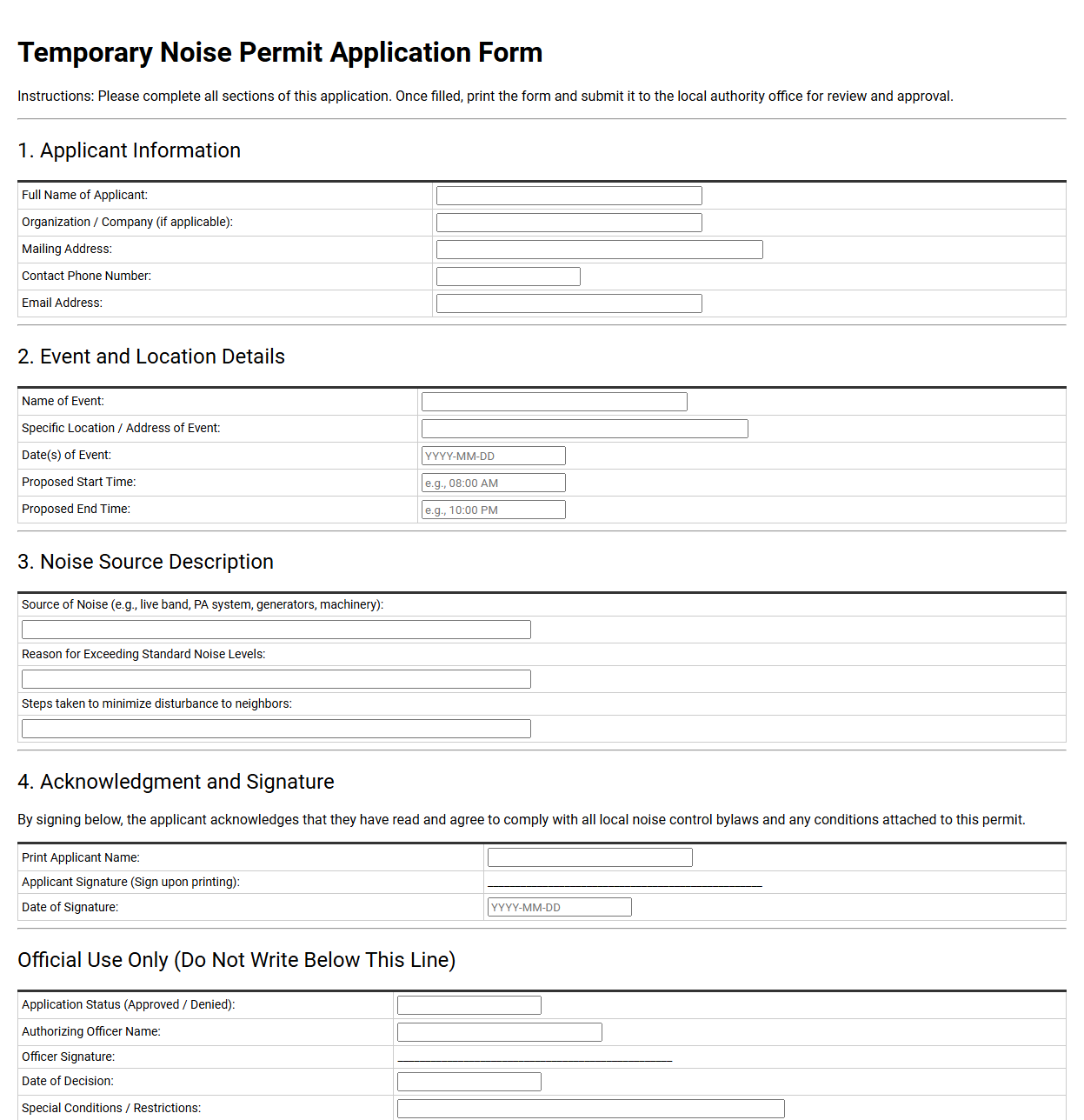 Temporary Noise Permit Application Form