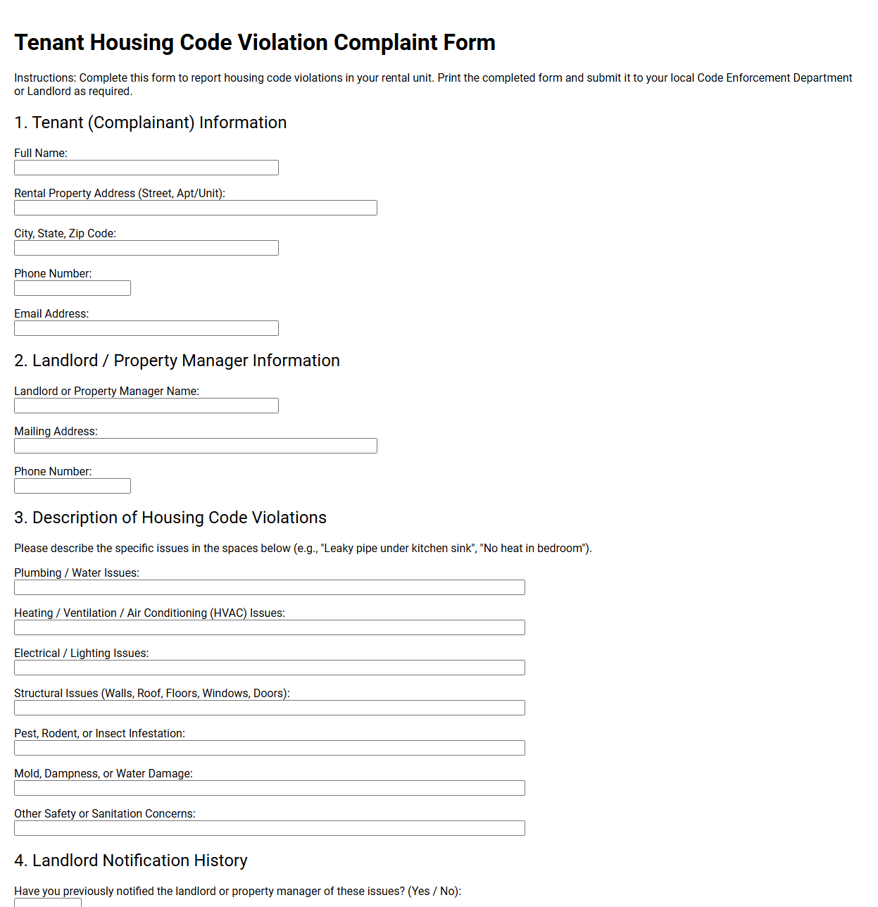 Tenant Housing Code Violation Complaint Form