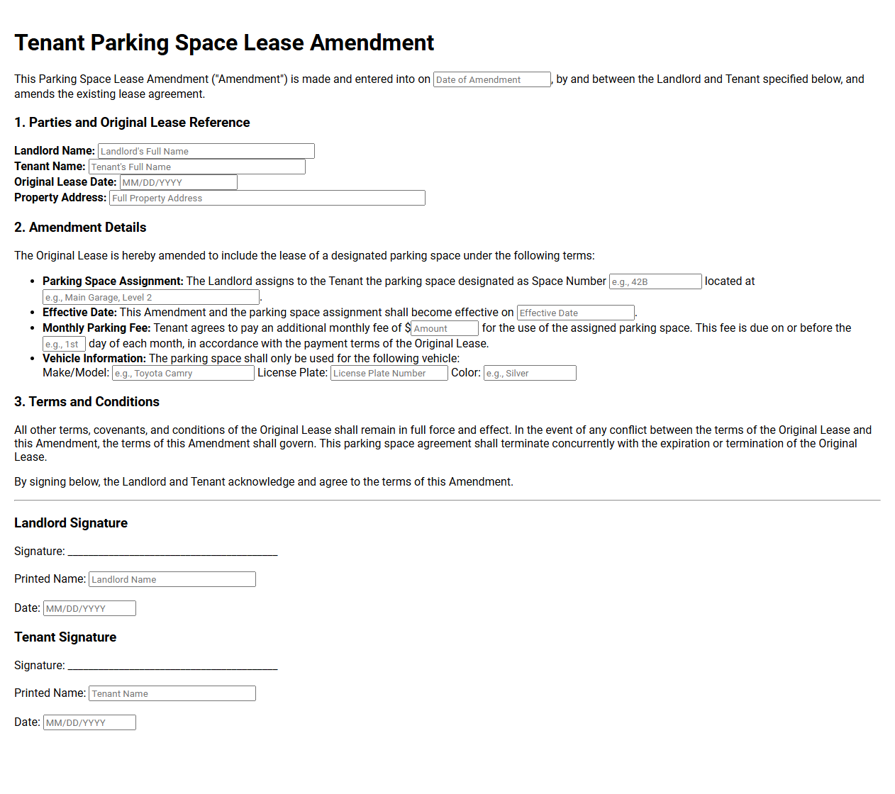 Tenant Parking Space Lease Amendment Template