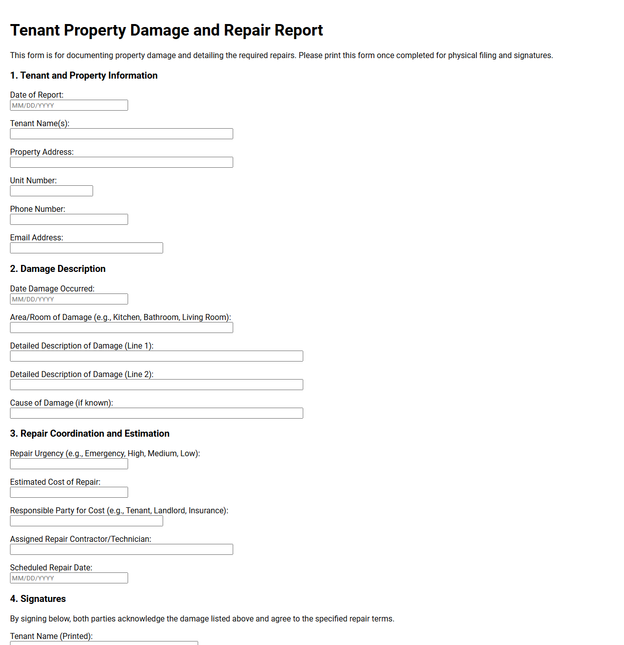 Tenant Property Damage and Repair Report