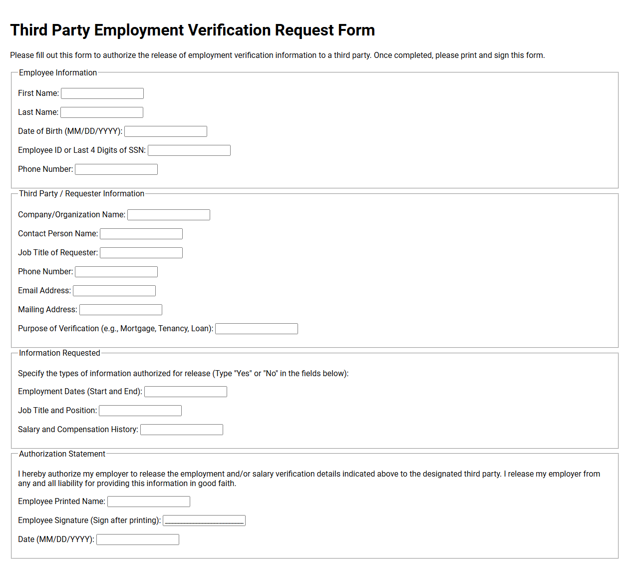 Third Party Employment Verification Request Form