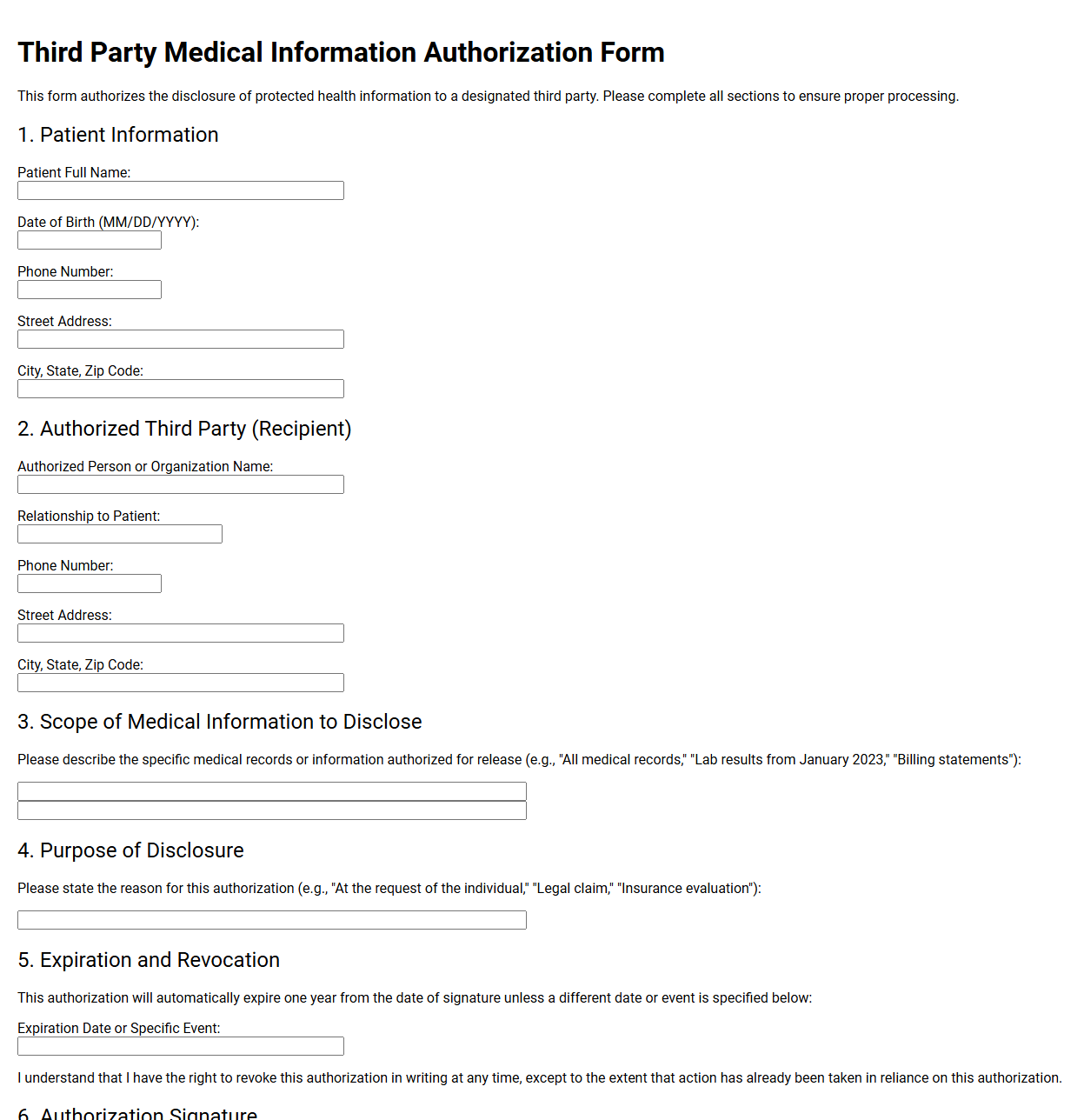Third Party Medical Information Authorization Form