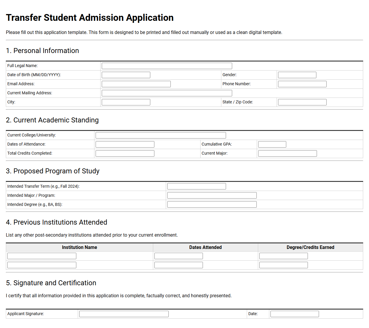 Transfer Student Admission Application Template