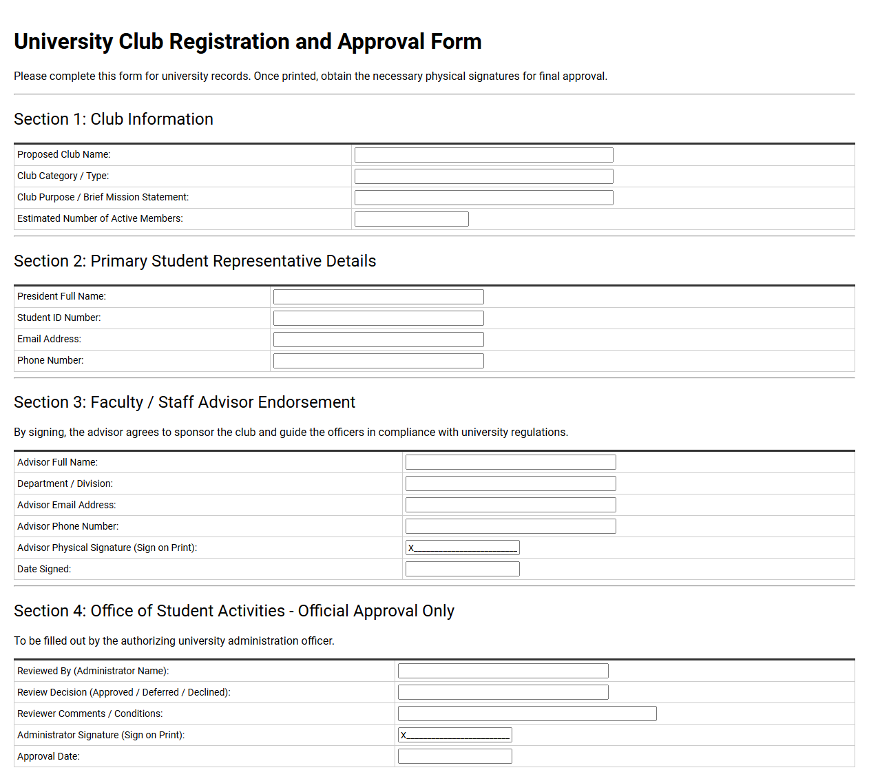 University Club Registration and Approval Form