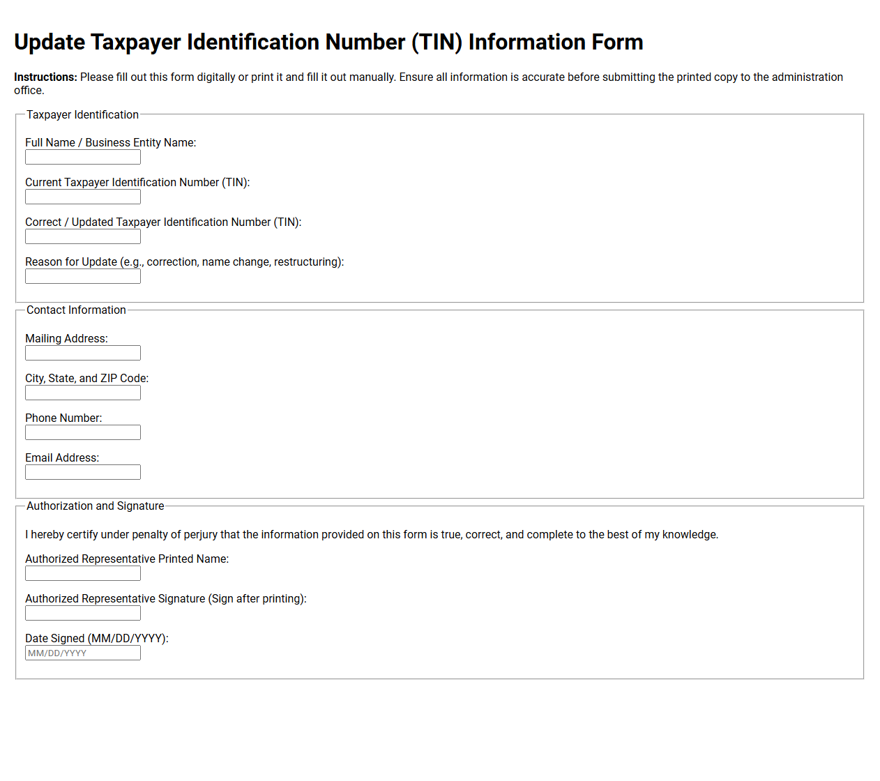 Update Taxpayer Identification Number Information Form