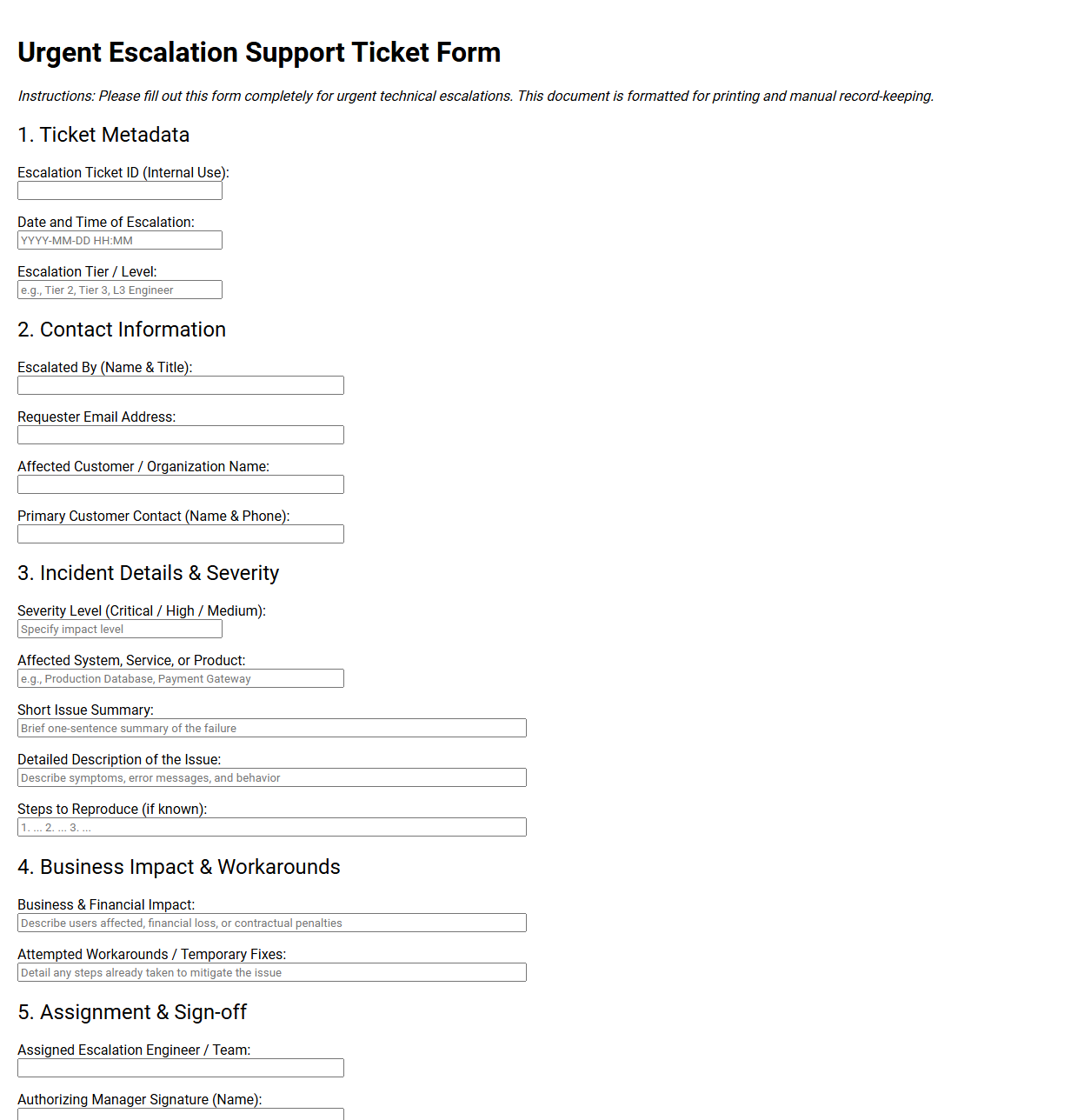 Urgent Escalation Support Ticket Form