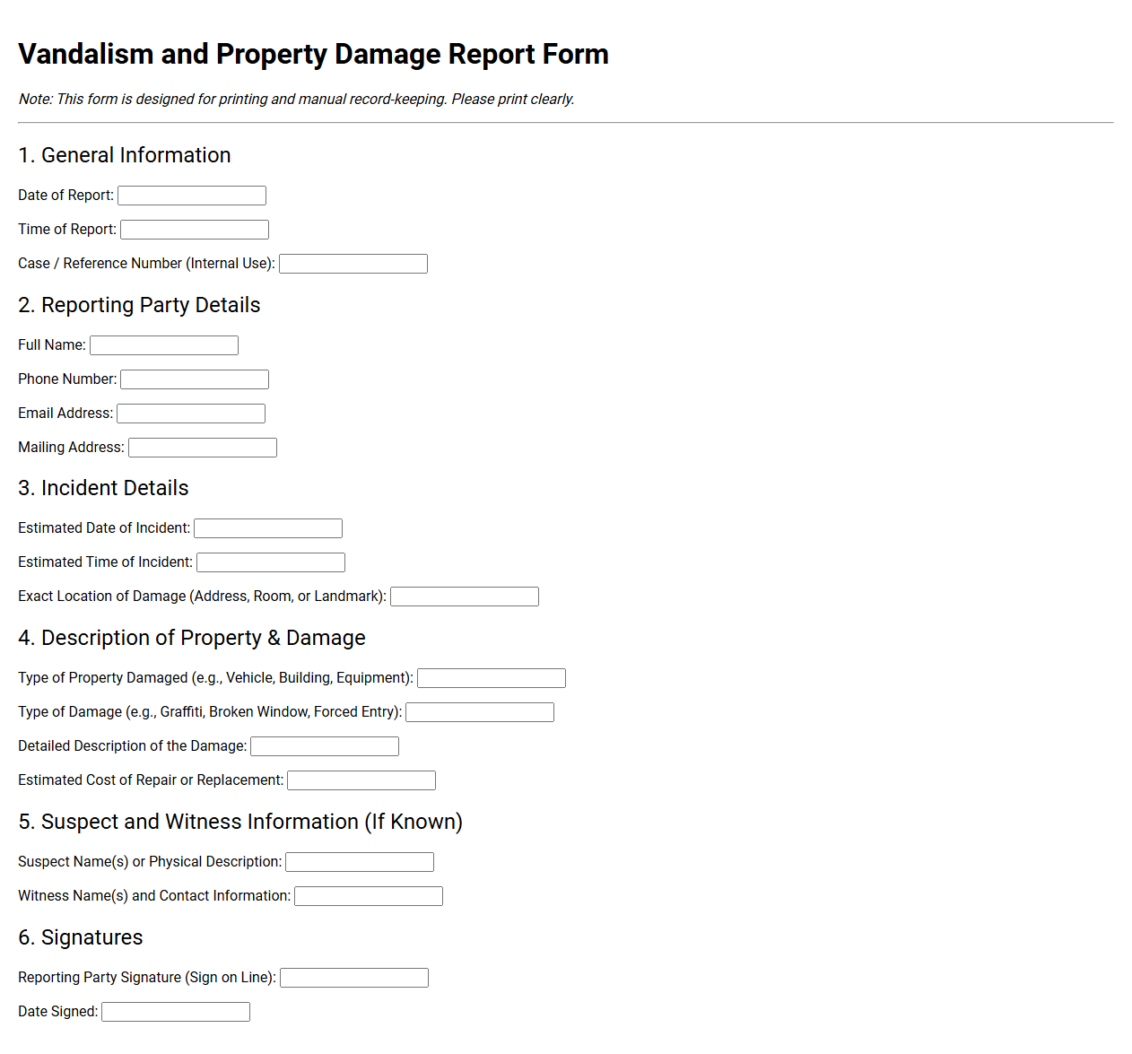 Vandalism and Property Damage Report Form