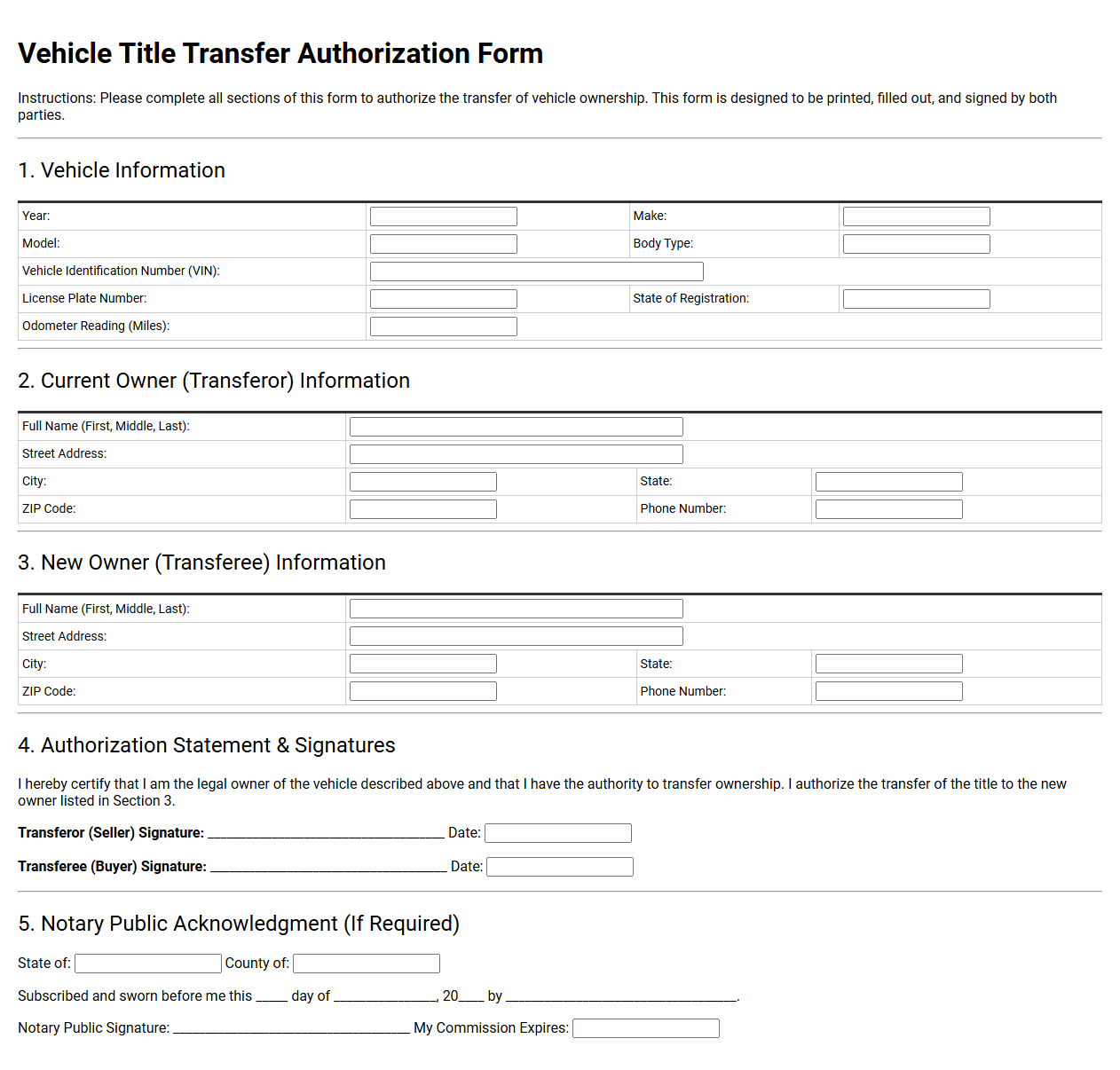 Vehicle Title Transfer Authorization Form