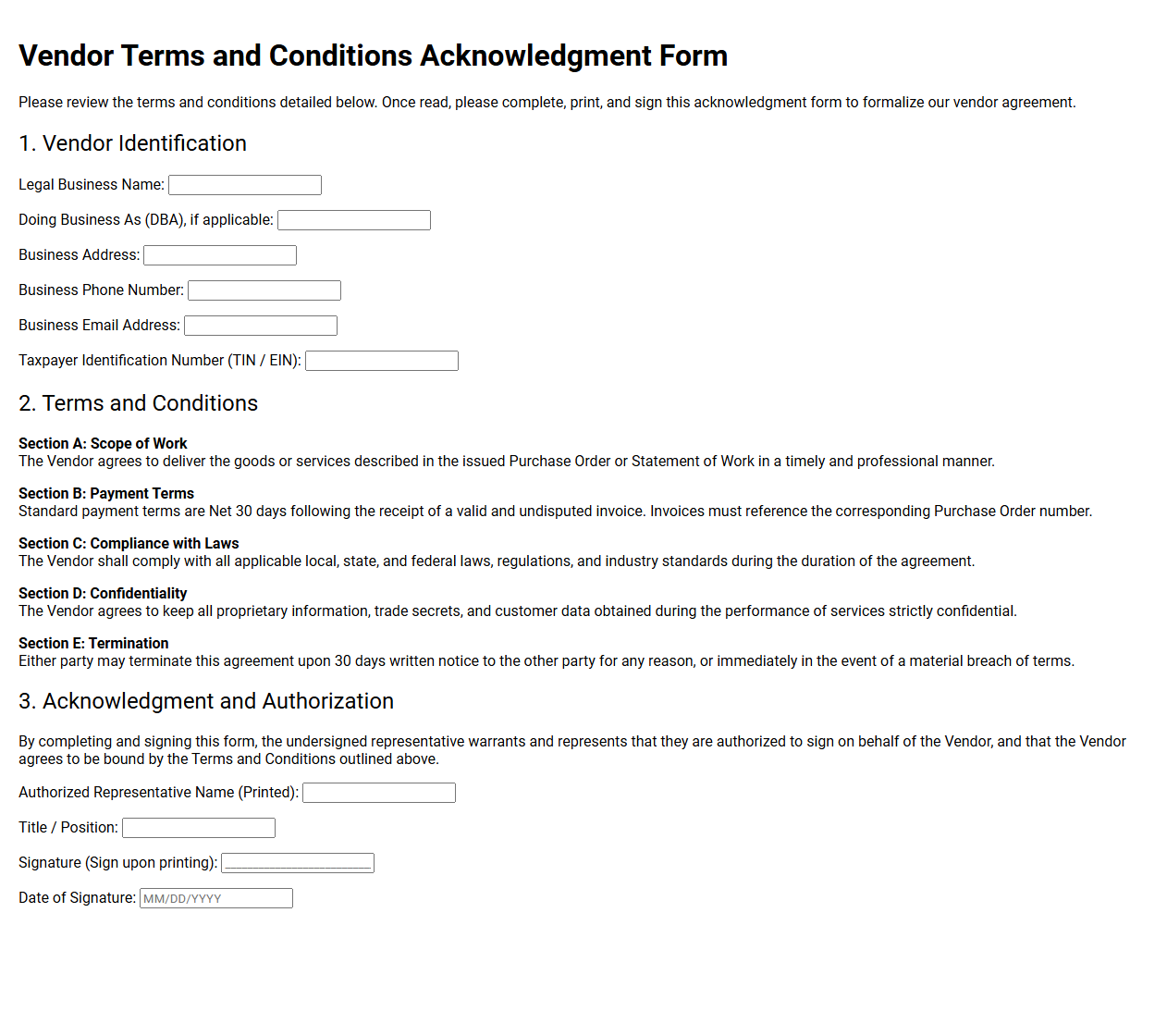 Vendor Terms and Conditions Acknowledgment Form