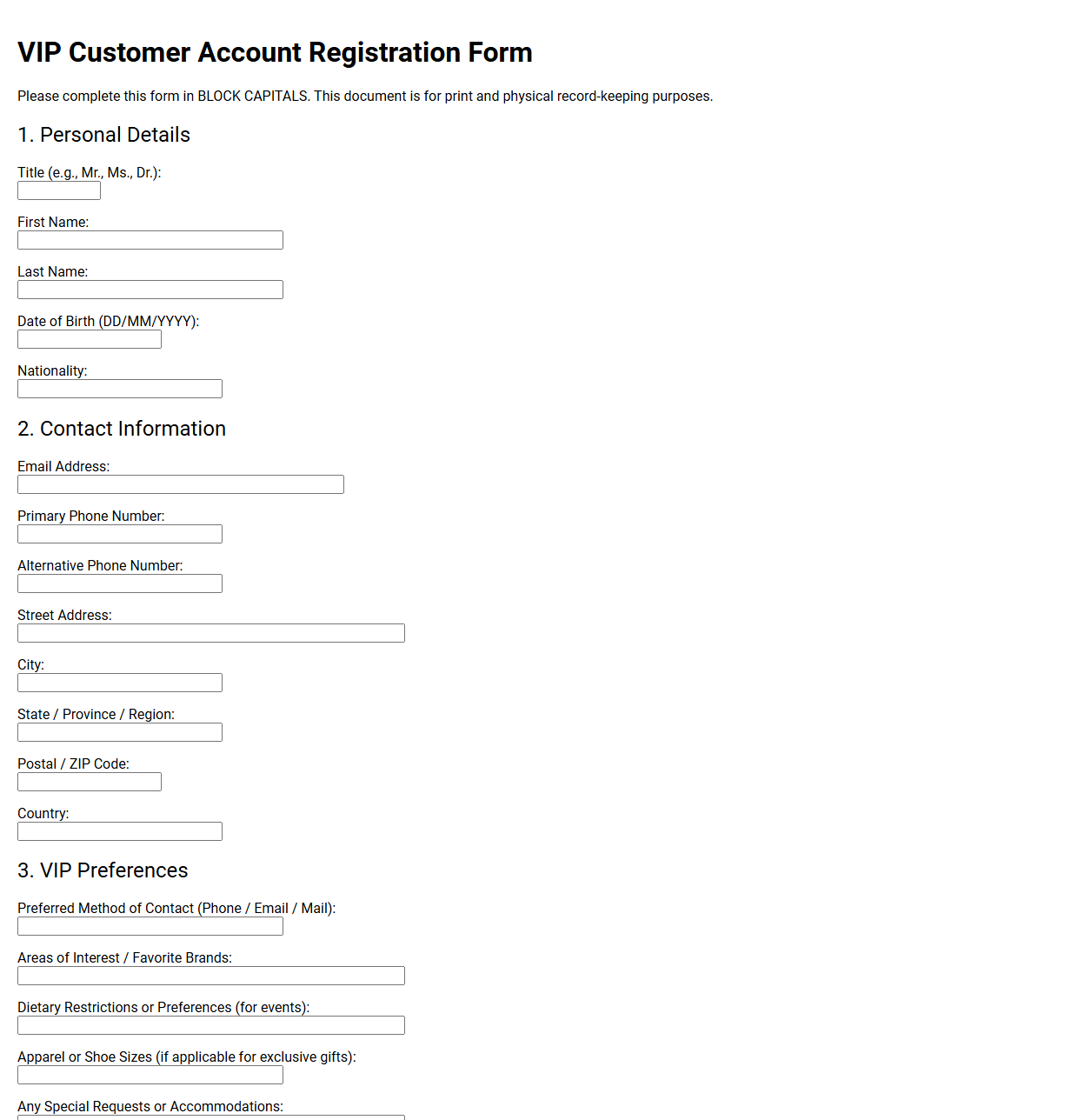 VIP Customer Account Registration Form