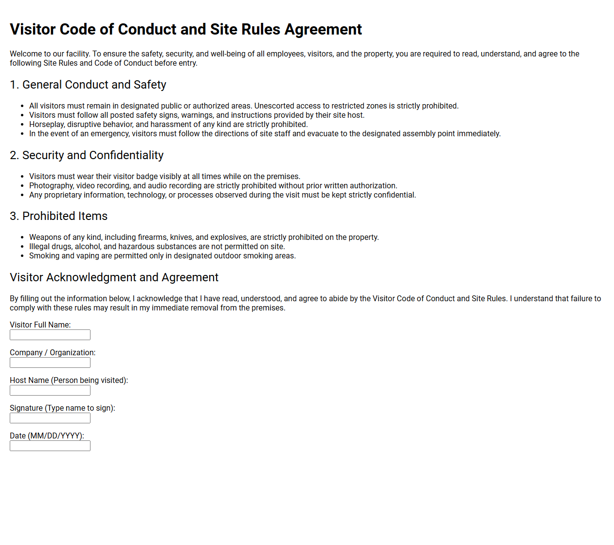 Visitor Code of Conduct and Site Rules Agreement