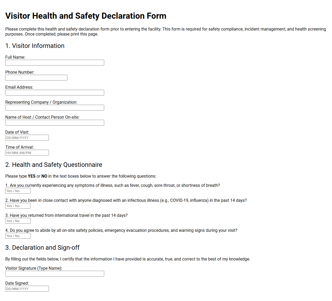 Visitor Health and Safety Declaration Form