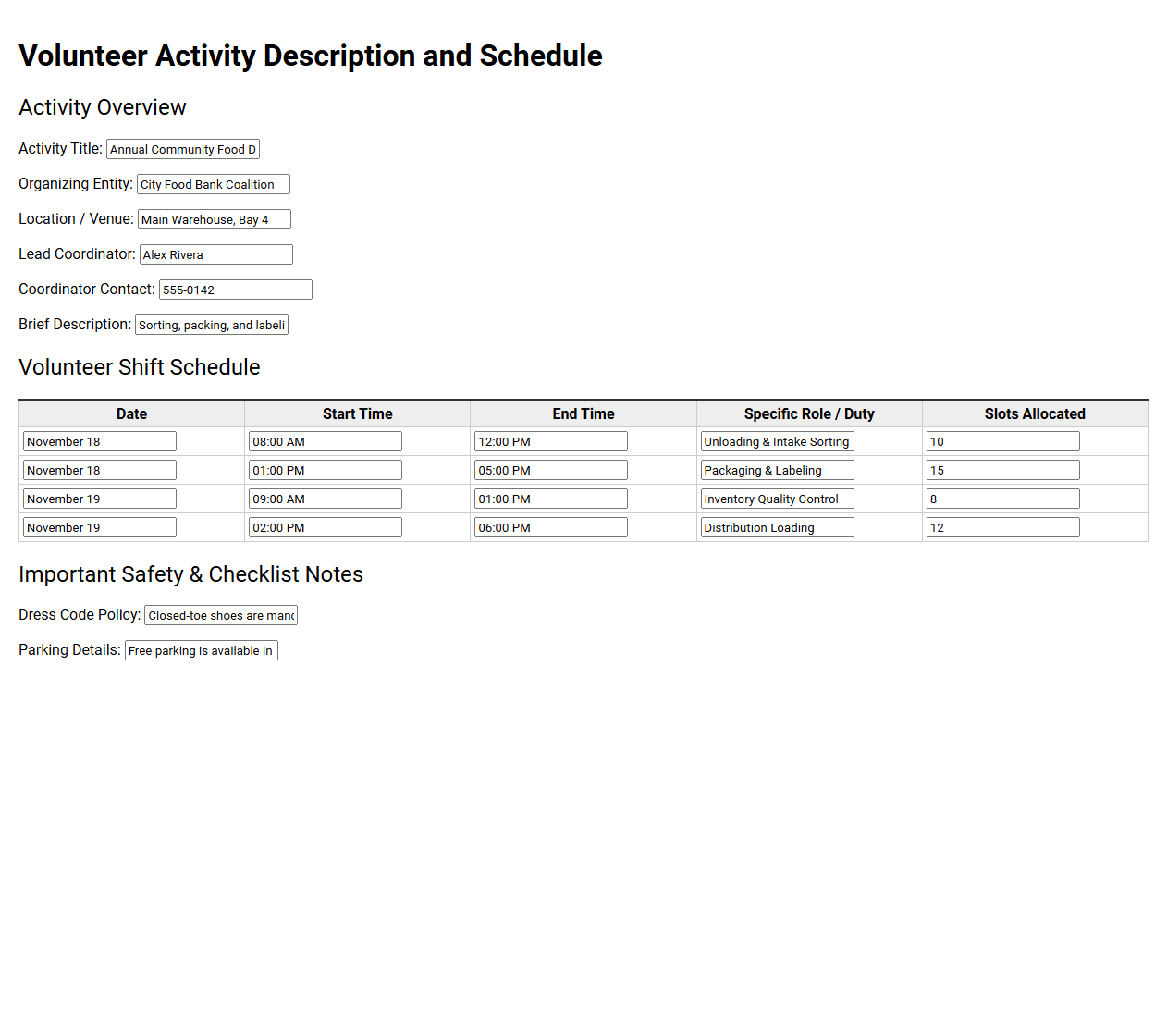 Volunteer Activity Description and Schedule