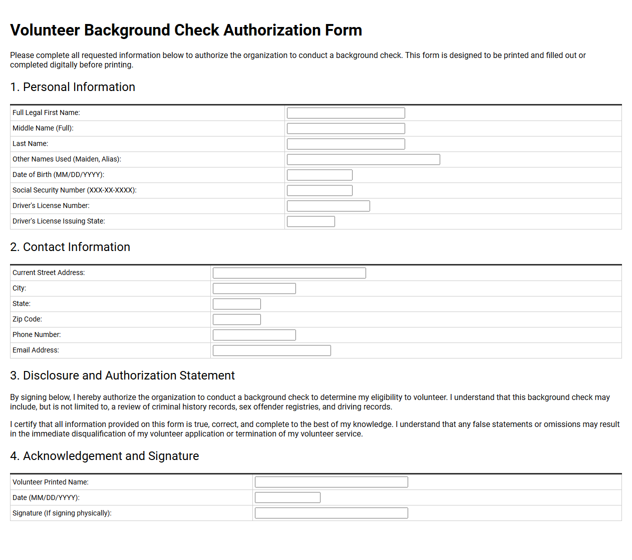 Volunteer Background Check Authorization Form