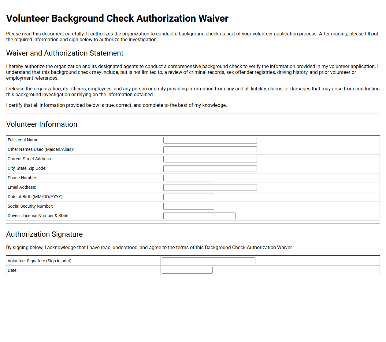 Volunteer Background Check Authorization Waiver