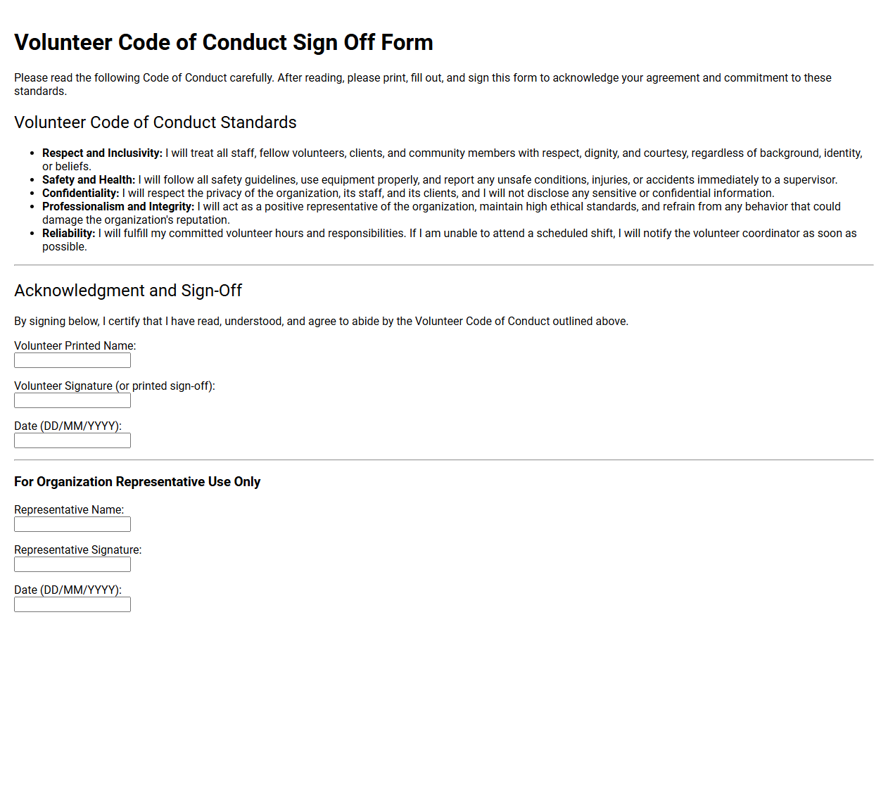 Volunteer Code of Conduct Sign Off Form