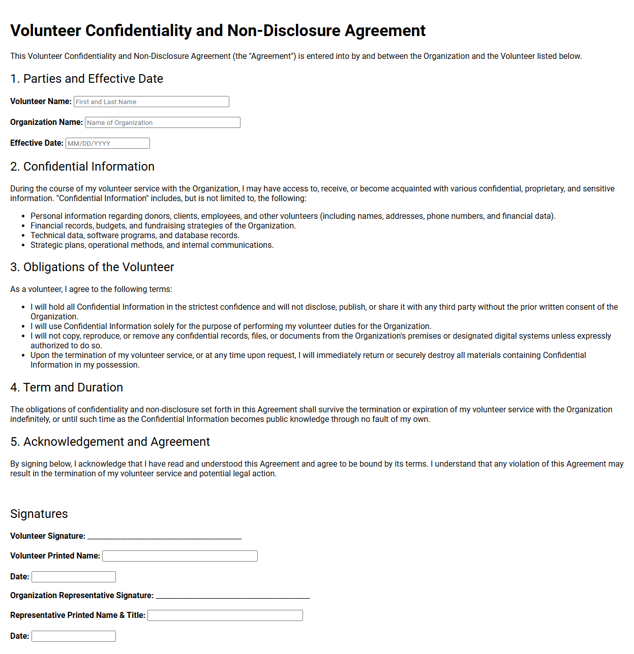 Volunteer Confidentiality and Non Disclosure Agreement