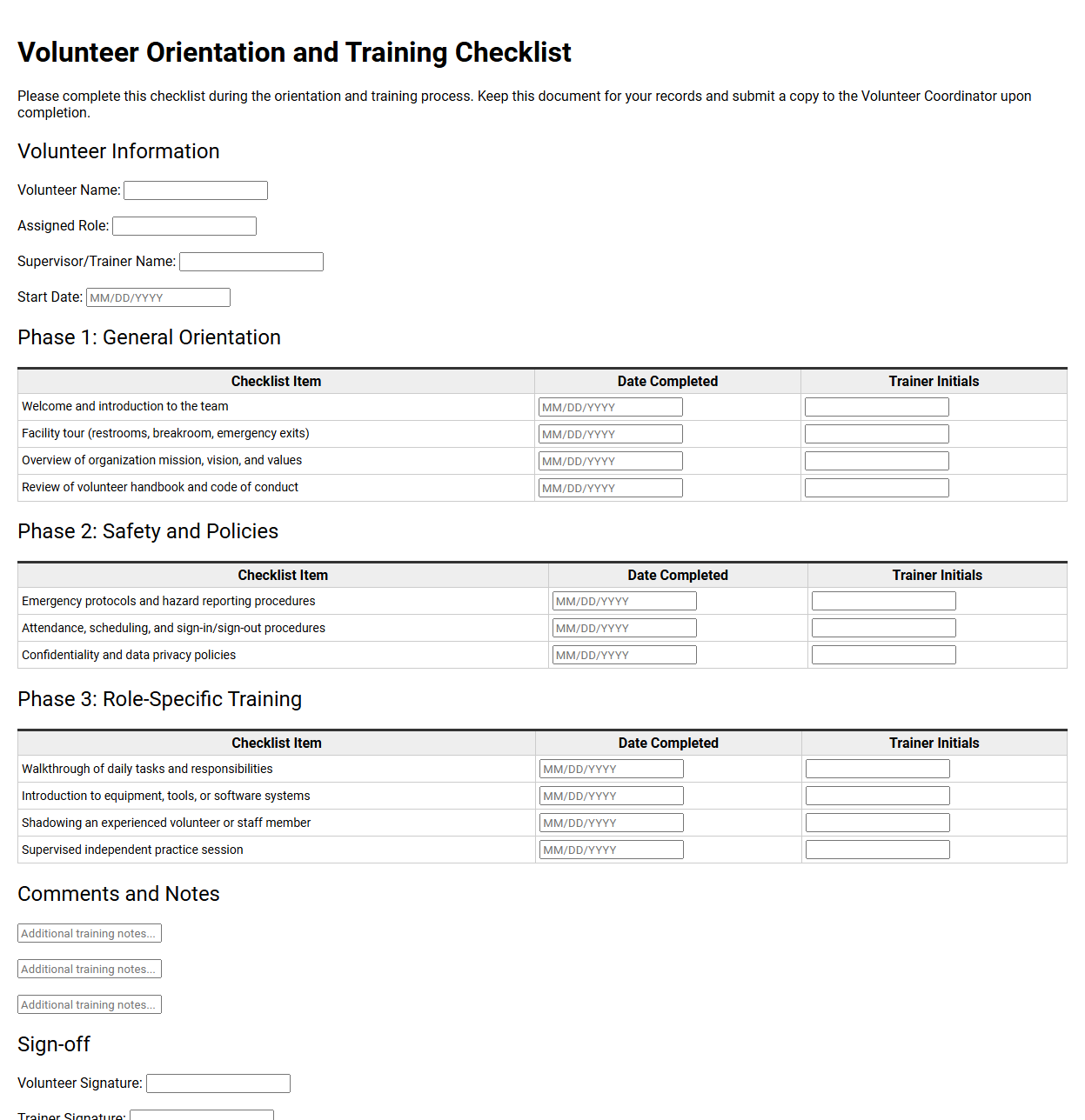 Volunteer Orientation and Training Checklist
