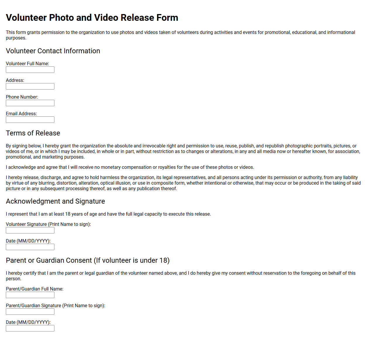 Volunteer Photo and Video Release Form