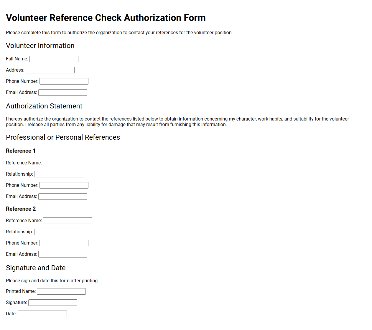 Volunteer Reference Check Authorization Form