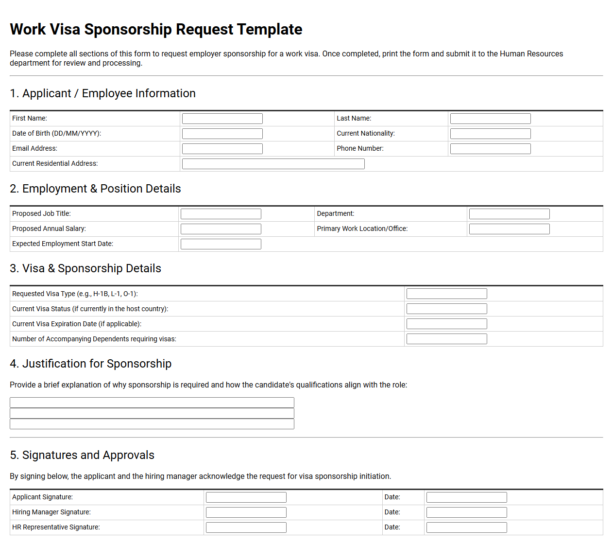 Work Visa Sponsorship Request Template