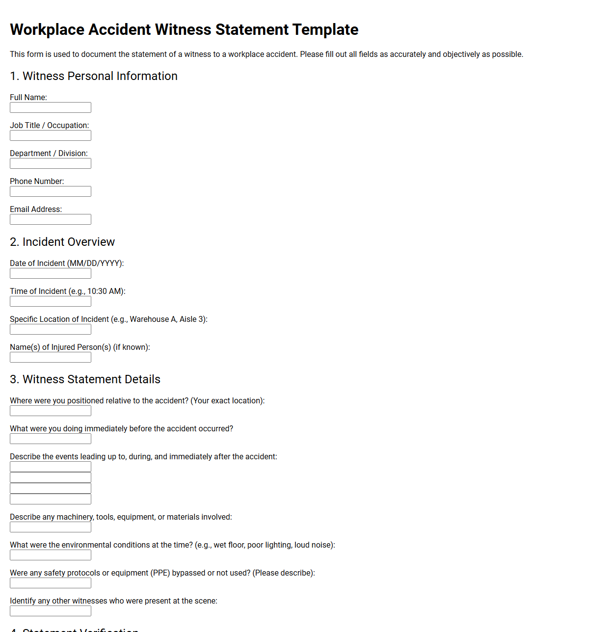 Workplace Accident Witness Statement Template