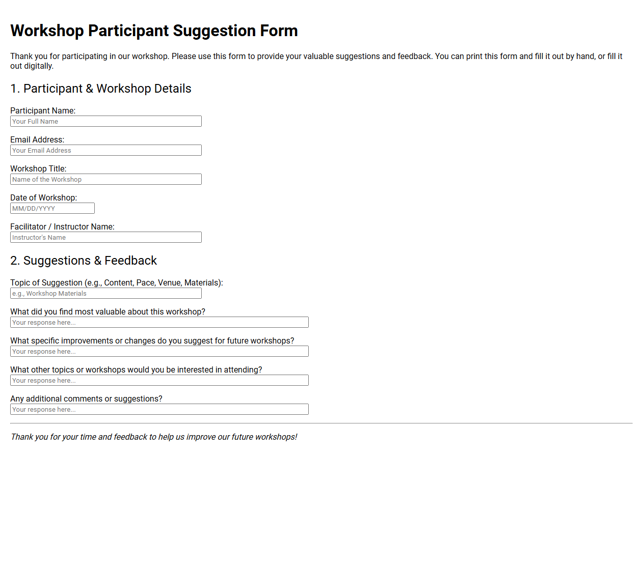 Workshop Participant Suggestion Form Template