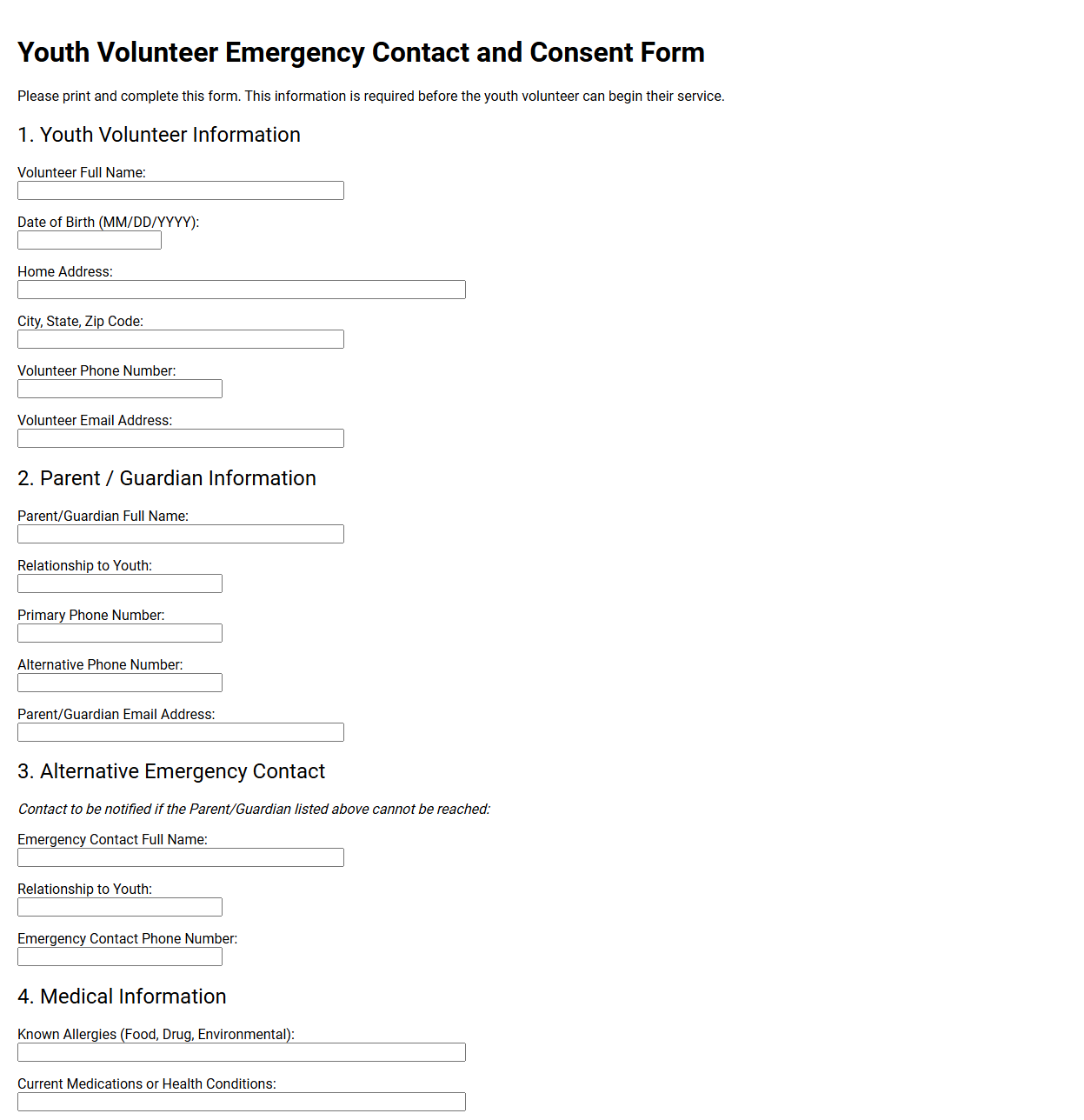 Youth Volunteer Emergency Contact and Consent Form