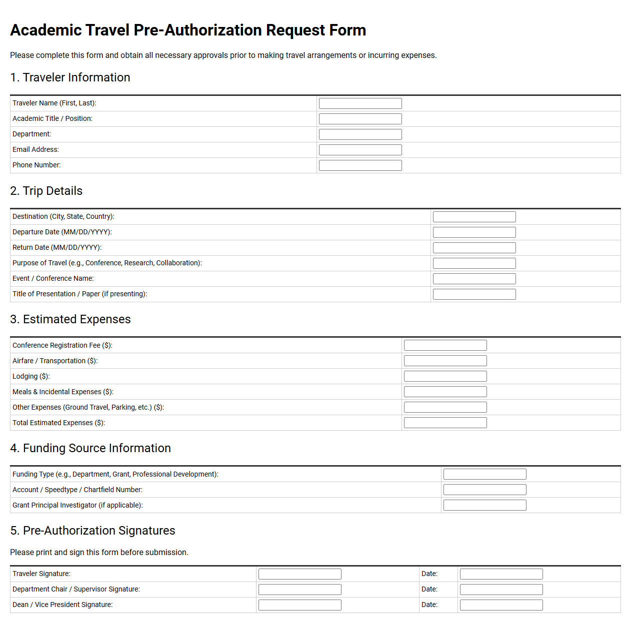 Academic Travel Pre-Authorization Request Form