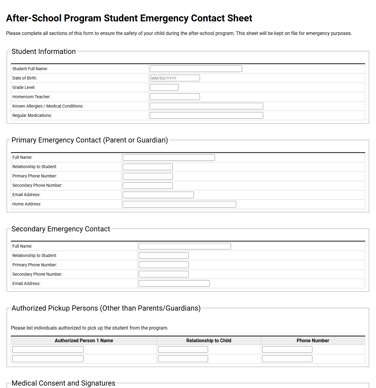 After-School Program Student Emergency Contact Sheet